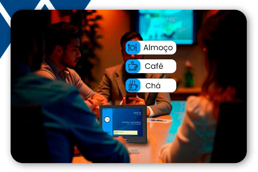 Pessoas solicitando serviços e recursos atraves da sala de reuniao ultilizado o assistant virtual do neptune, o meeting assistant.