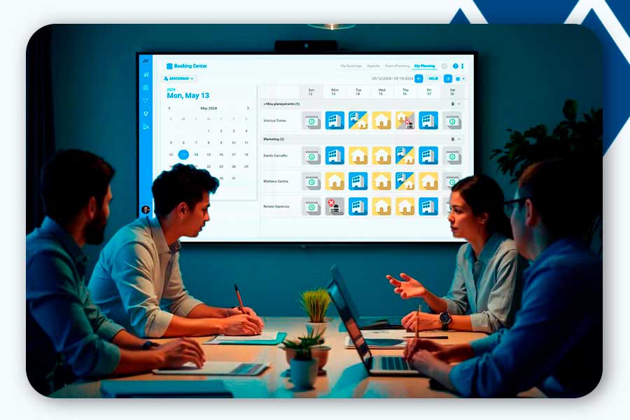 Pessoas em um planejamento estrategico das escalas de trabalho hibridas das equipes que atuam em home office e no escritorio.