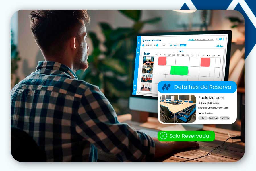 Um homem ultilizando o o sistema do Neptune para reservar uma sala de reunião de forma simples e eficiente.